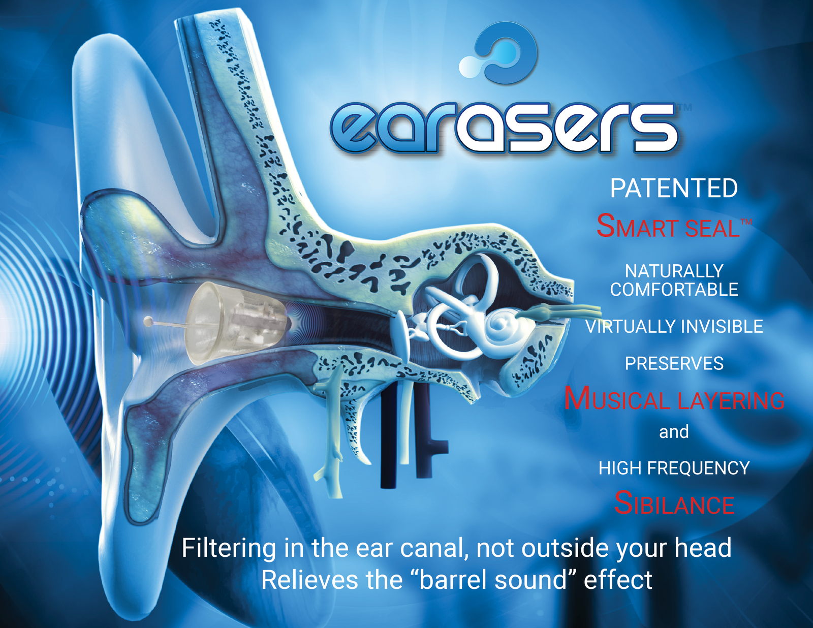 Earasers 3D diagram of ear showing smart seal