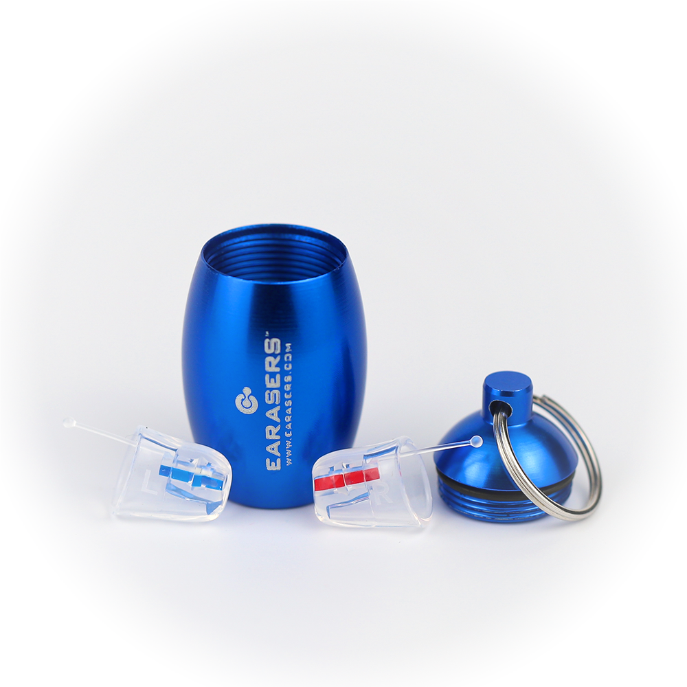 Earasers next to blue open canister